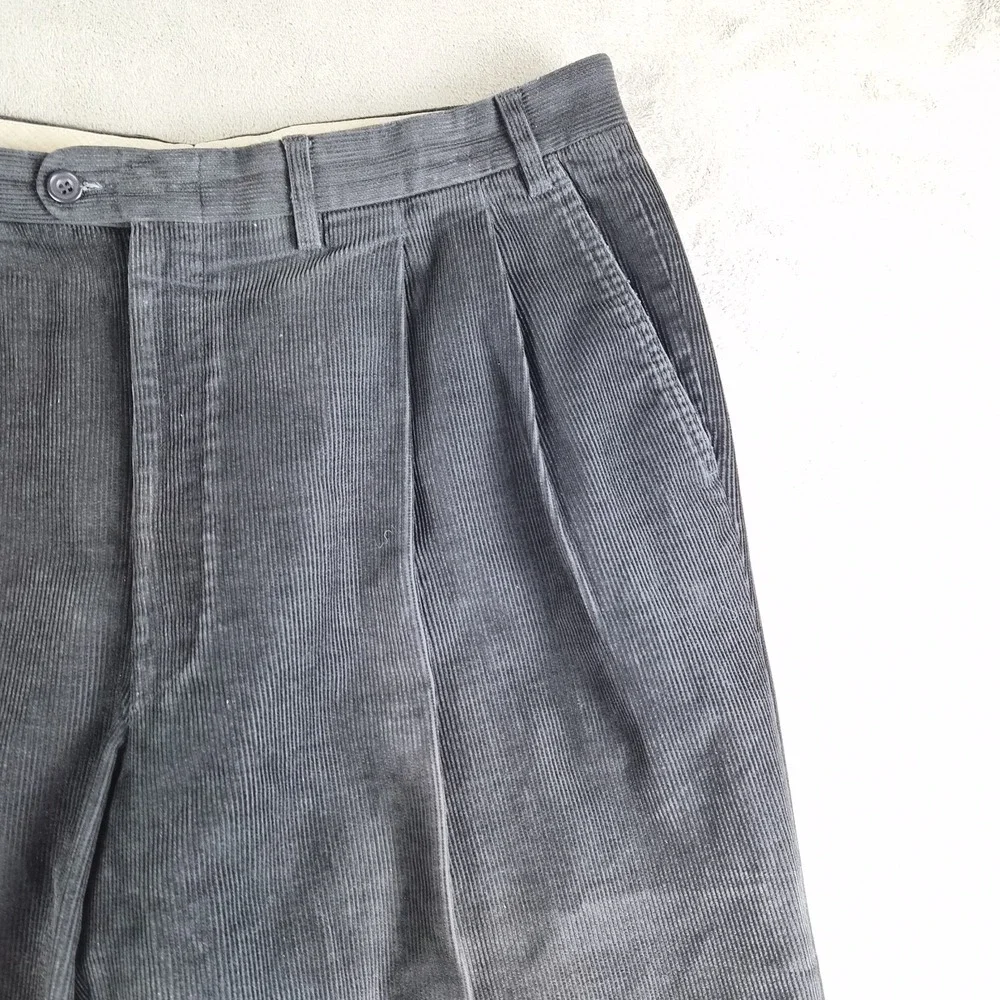 Canali Sport Pants Mens Black Corduroy Pleated Baggy Cuffed Hem Made In Italy